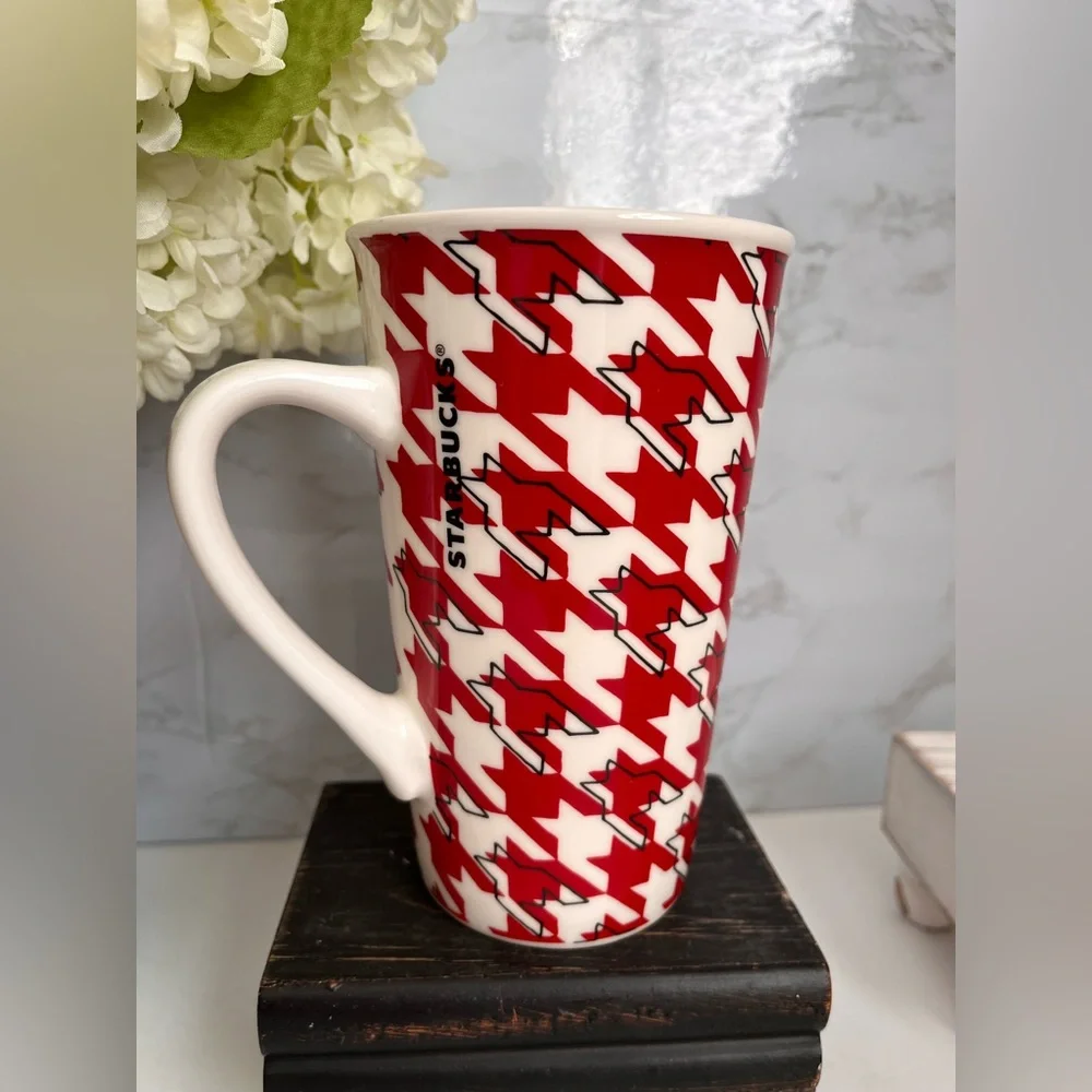 EUC Starbucks Coffee Mug Houndstooth 2017 Tall 16 oz. Red & White w/Mermaid - Picture 4 of 6